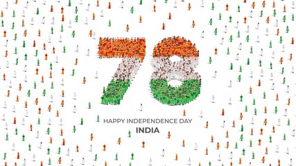 August 15 Happy Independence Day India Design. A large group of people form to create the number 78 as India celebrates its 78th National Day on the 15th of August.