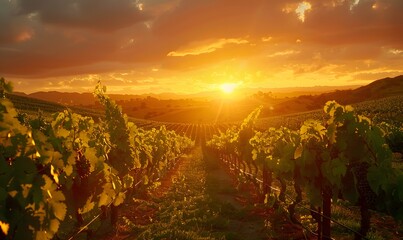 Golden Sunset Over the Vineyard, An enchanting panoramic view of a vineyard drenched in the golden...