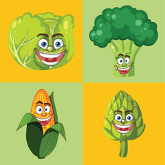Smiling vegetables with expressive faces and bright colors