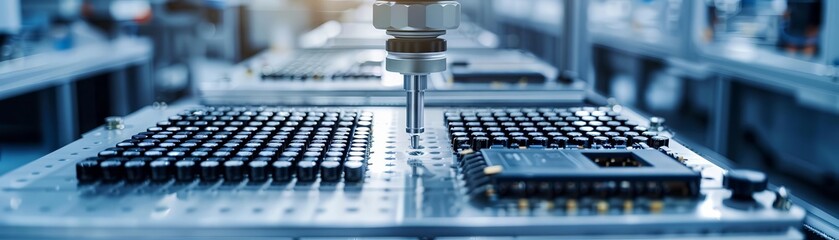 A close-up of a machine placing a microchip on a circuit board. The microchip is being held by a robotic arm. The circuit board is on a conveyor belt.