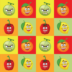 Cheerful and expressive fruit characters in a grid