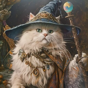 A cute cat wizard in a magical forest casts a spell with his staff