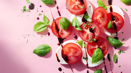 Flat Lay of Caprese Salad Ingredients with Fresh Basil Leaves on a Pink Surface, great for recipe books, cooking magazines, and food styling
