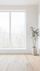 Fototapeta premium Large window filling a room with natural lighting in a minimalist interiors composition. Property interiors design with warm colors, minimal furniture and copy space.