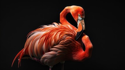 A magnificent flamingo, its plumage shimmering against a somber black canvas, stands tall, its elegance captured in an enchanting portrait.