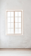 Fototapeta premium Large window filling a room with natural lighting in a minimalist interiors composition. Property interiors design with warm colors, minimal furniture and copy space.