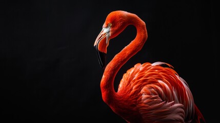 A magnificent flamingo, its plumage shimmering against a somber black canvas, stands tall, its elegance captured in an enchanting portrait.