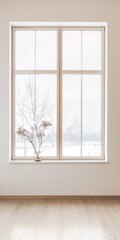Fototapeta premium Large window filling a room with natural lighting in a minimalist interiors composition. Property interiors design with warm colors, minimal furniture and copy space.