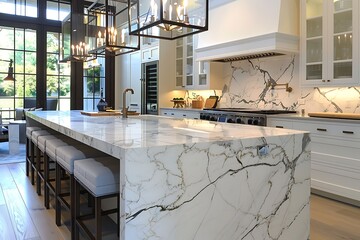 Luxurious marble kitchen countertop with ample copy space, bathed in natural light.