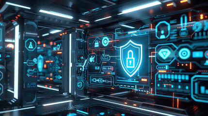 A futuristic digital security interface displaying holographic locks and data streams