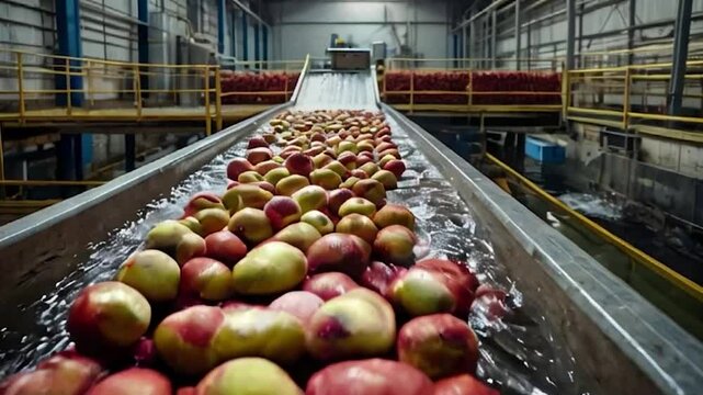 Fresh Apples Moving Through Water in Apple Flumes in Fruit Packing Warehouse. Apples Being Washed, Sorted and Transported in Water Tank Conveyor.