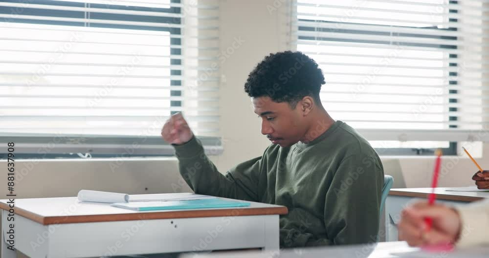 Poster exam, fail and stress with frustrated student in classroom of school for assessment, problem solving