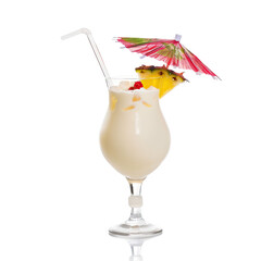 Pina Colada cocktail in a glass with a straw, decorated with a paper umbrella, pineapple slice, and cherries. The image highlights a refreshing tropical drink, perfect for summer.