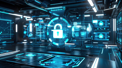 A futuristic digital security interface displaying holographic locks and data streams