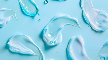 High-quality image featuring dollops and smears of translucent cosmetic serum and cream on a serene blue background,perfect for beauty and skincare branding. 