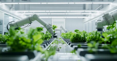Cuttingedge AI robots are tending to hydroponic plants in a modern, hightech indoor farm setting