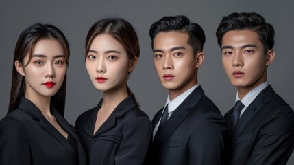 Group of four young professionals in formal suits, posing confidently against a gray background, representing business success.