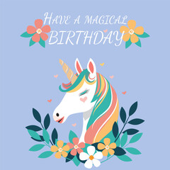 A multicolored unicorn head with flowers on a blue background.  A birthday greeting card template with a cute unicorn. A magical horse with a horn.
