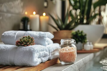Serene spa setup with white towels, candles, succulents, and bath salts.