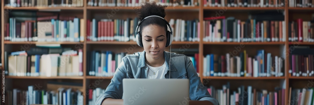 Poster A student is focused on studying in the library with a laptop and headphones, engaged in academic activities and learning from various resources to enhance knowledge and academic success