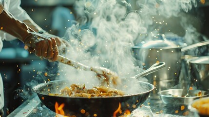 The chef is busy cooking, stir-frying food in a pan, causing smoke and sauce splatter in the kitchen.