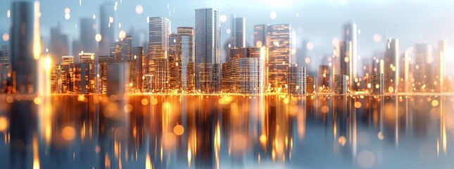 Obraz premium 3d illustration style of Miami financial city tech hub skyline with data flow background, blue, grey, gold tones, wide shot.