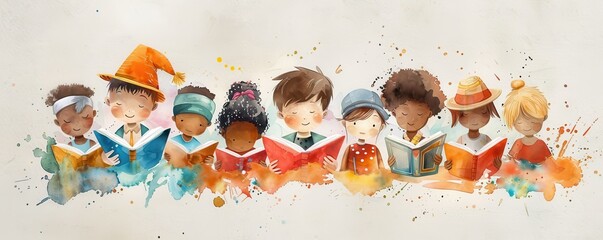 Illustration of diverse children reading books together, each with unique outfits and expressions. Watercolor splashes add a playful and creative touch.