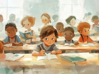 Illustration of a diverse classroom with children reading and studying together. The scene is filled with various books and learning materials.