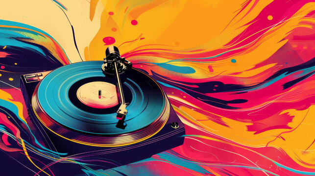 pop art 60s psychedelic colorful trippy retro style image of vinyl record album on a turntable with music coming out of it in waves and dance party atmosphere background