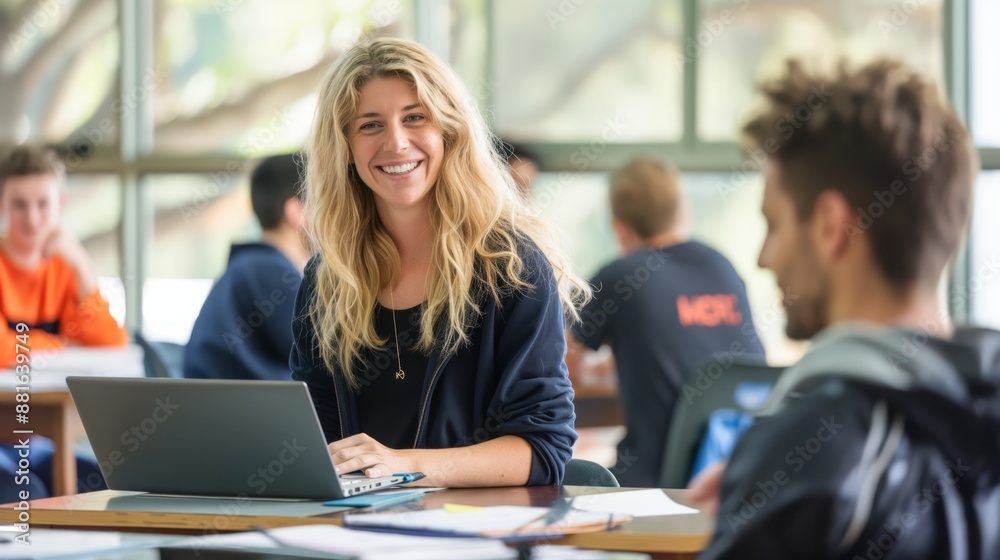 Poster In a modern university library, students collaborate using digital devices and study together in a bright, open space with natural light, cultivating a conducive learning atmosphere