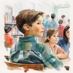 Watercolor illustration of attentive children in a classroom setting, focusing on a boy in a green plaid shirt. Background includes bookshelves and other students.