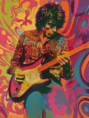 Musician guitar player 60s rock and roll psychedelic trippy colorful rock and roll concert poster style illustration of a musician man playing electric guitar bass in a music musical band
