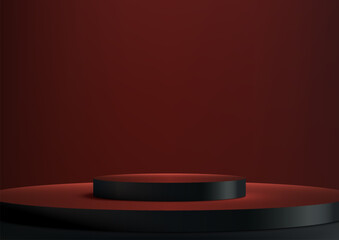 3D Black Podium on Red Background for Modern Product Display, Technology Mockup, and Showcase