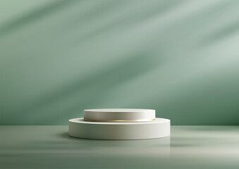 Elegant 3D White Podium with Golden Rim, Luxury Style Product Display and Mockup on Green Background, Ideal for Premium Showroom