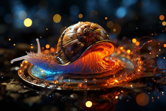 Futuristic clock with fractal dial in digital nebula, glowing snail crawling across surface - Powered by Adobe