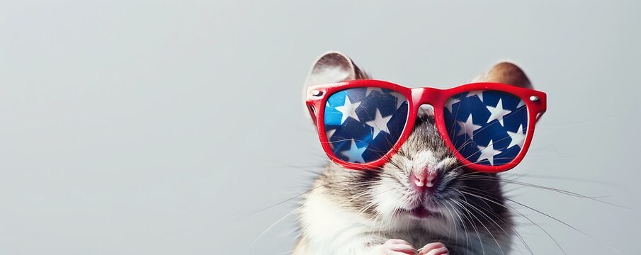Portrait of a mouse wearing sunglasses with an American flag design featuring stars and stripes on a light background with space for text.