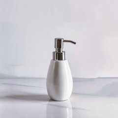 Obraz premium Elegant white ceramic soap dispenser with a metallic pump nozzle on a clean, white background.