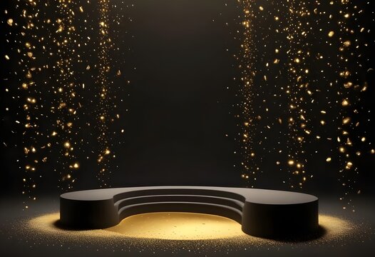 Abstract gold dust powder composition all over an empty monochrome stage set floor background, spotlights focusing light on a emicircular pank sitting, empty