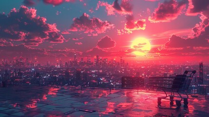Fototapeta premium Stunning Cyberpunk Sunset Over Cityscape with Shopping Cart - Generative AI