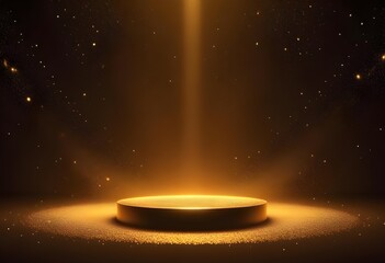 Abstract gold dust powder composition all over an empty monochrome stage set floor background, spotlights focusing light on a round pedistal 