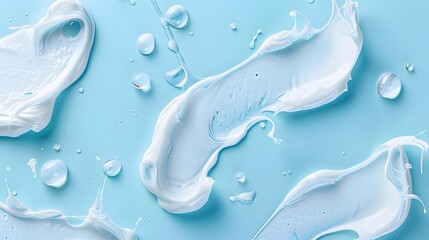 High-quality image featuring dollops and smears of translucent cosmetic serum and cream on a serene blue background,perfect for beauty and skincare branding. 