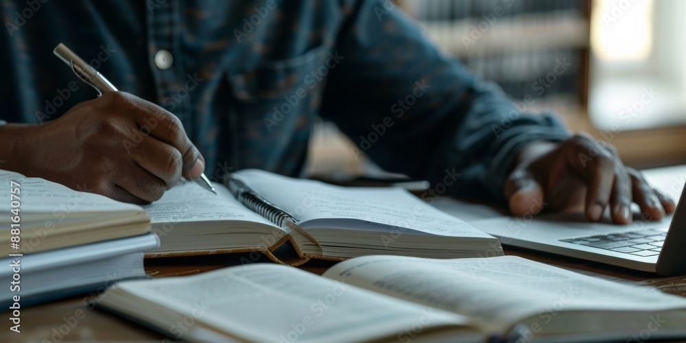 Poster during a focused study session, a student is diligently taking notes from books and a laptop at a li