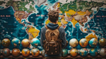 Young man looking at a mural of the world map made of globes