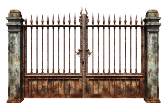 Whispers of the Past: Mystical Encounter at the Old Iron Gate on White or PNG Transparent Background.
