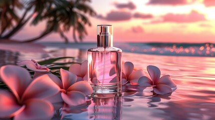 A bottle of perfume on a beach at sunset with palm trees and flowers.
