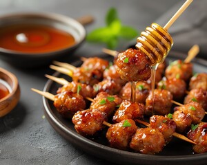 Honey glazed meatballs on skewers, close up.