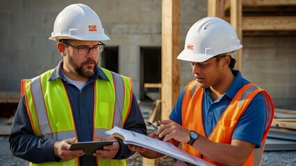two architects working in warehouse,contraction work 