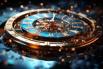Futuristic clock with fractal dial, digital nebula background, and luminous hedgehog