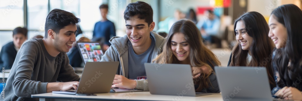 Fototapete Students are collaborating on laptops in a university campus common area. They are engaging in teamwork, discussion, and peer learning, focusing on academic projects and assignments