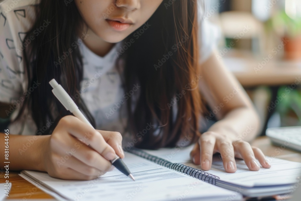Poster A dedicated student is seen in a classroom, focused on taking notes in a notebook, demonstrating commitment to education and academic success through diligent studying and preparation